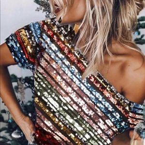 Womens Glitter Skew Neck Striped Sequins Blouse